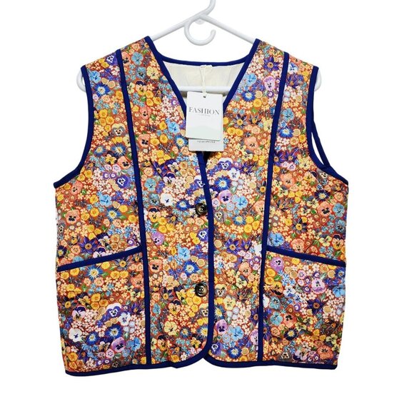 Floral Quilted Womens Vest With Button Closure & Pockets Size S - Picture 1 of 10